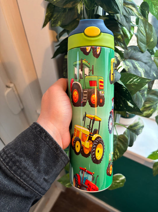 Children straw lid tumbler green tractor