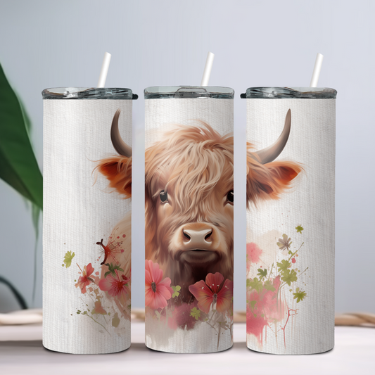 20oz tumbler white floral highland cow